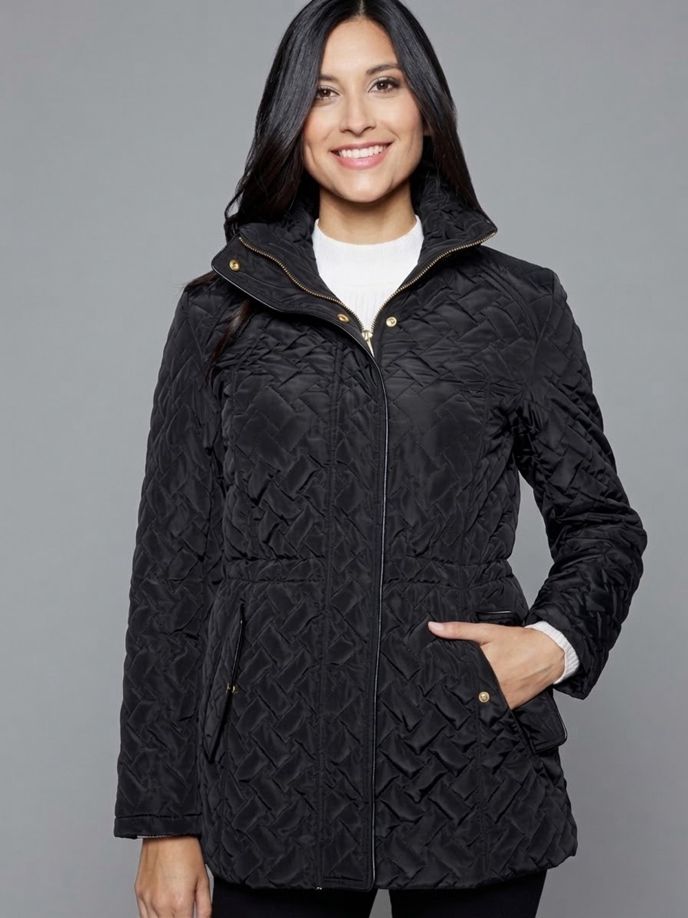 Cole Haan Black Chevron Quilted Puffer Jacket Gold Hardware Equestrian Sz Large
